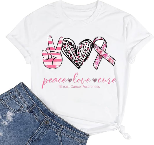Breast Cancer Awareness Shirts Women Pink Ribbon T-Shirts Cancer Fighter Leopard Heart Graphic Tee Short Sleeve Tops