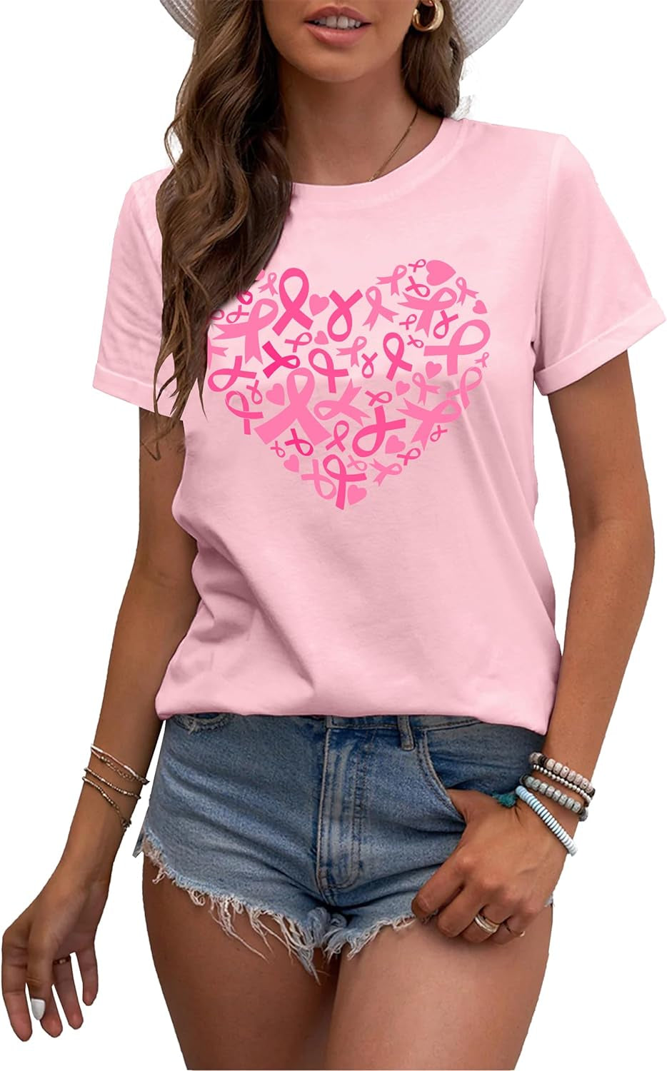 Womens Breast Cancer Shirts Heart Ribbon Tshirt Cancer Awareness Tee Tops