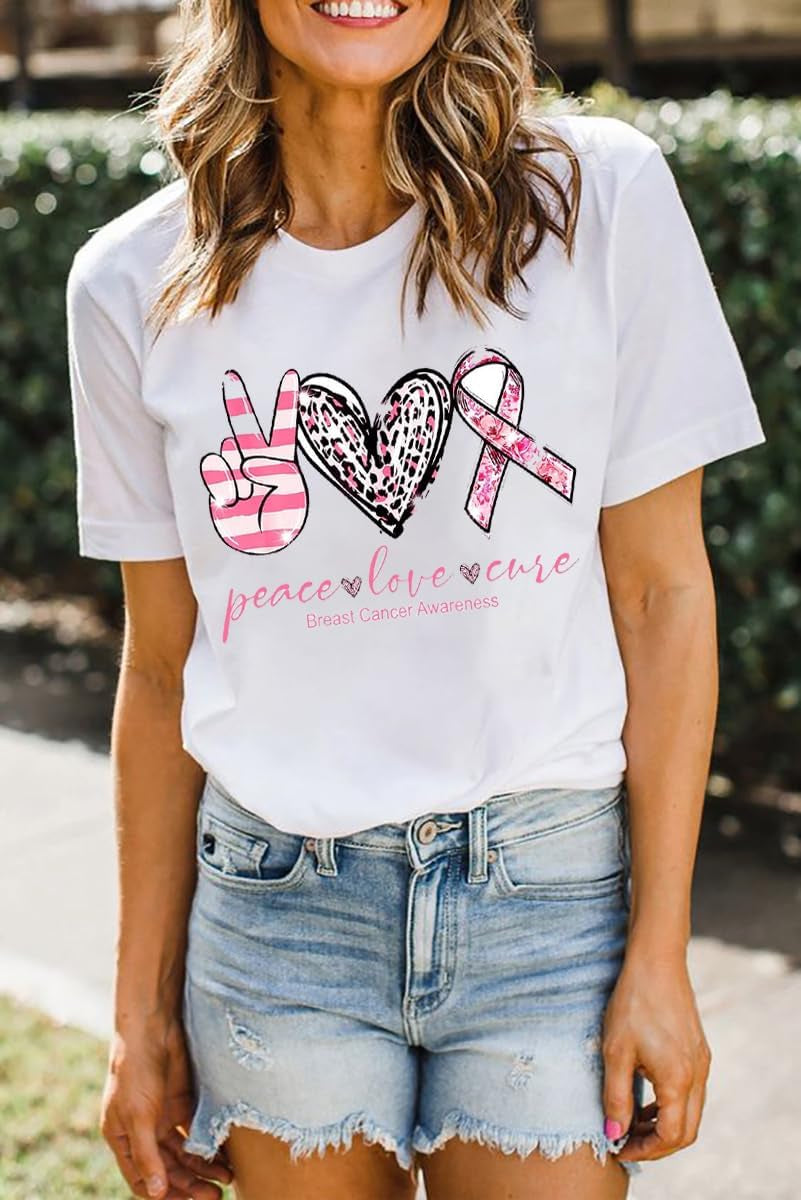 Breast Cancer Awareness Shirts Women Pink Ribbon T-Shirts Cancer Fighter Leopard Heart Graphic Tee Short Sleeve Tops