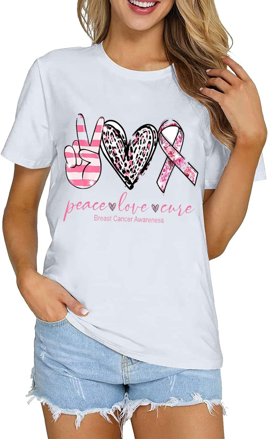 Breast Cancer Awareness Shirts Women Pink Ribbon T-Shirts Cancer Fighter Leopard Heart Graphic Tee Short Sleeve Tops