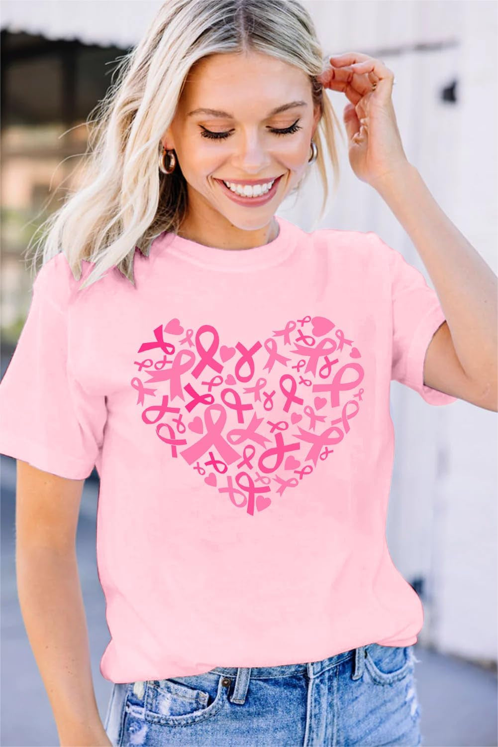 Womens Breast Cancer Shirts Heart Ribbon Tshirt Cancer Awareness Tee Tops