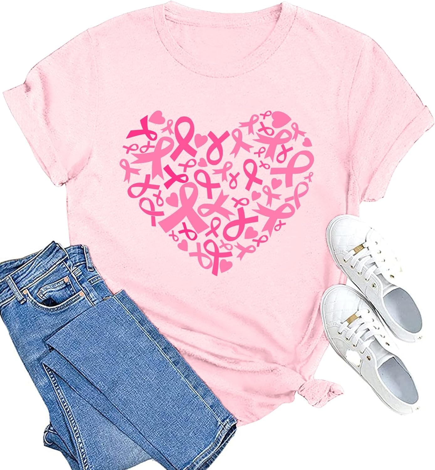 Womens Breast Cancer Shirts Heart Ribbon Tshirt Cancer Awareness Tee Tops