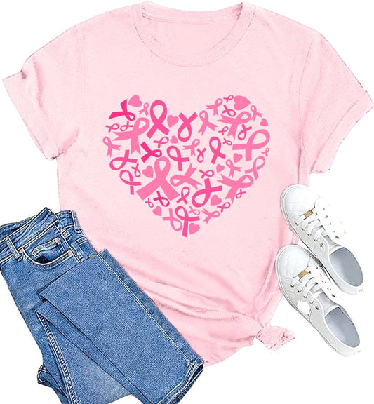 Womens Breast Cancer Shirts Heart Ribbon Tshirt Cancer Awareness Tee Tops