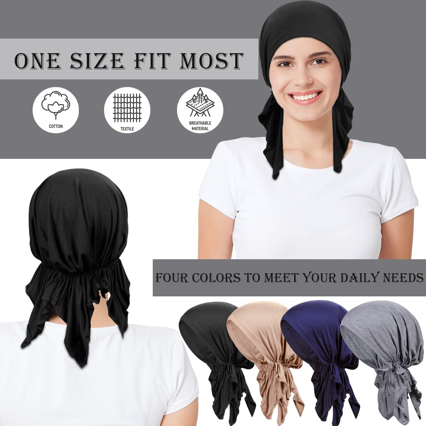 4 Pieces Soft Cotton Chemo Headwear for Women, Stretch Pre-Tied Chemo Head Scarves for Cancer